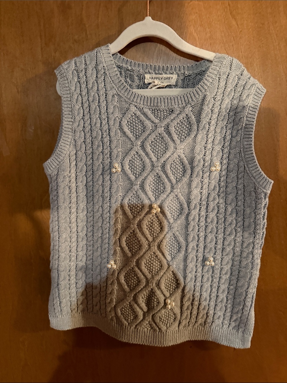 Happily Grey Girls' Light Gray Cable Knit Pearl-Embellished Sweater Vest